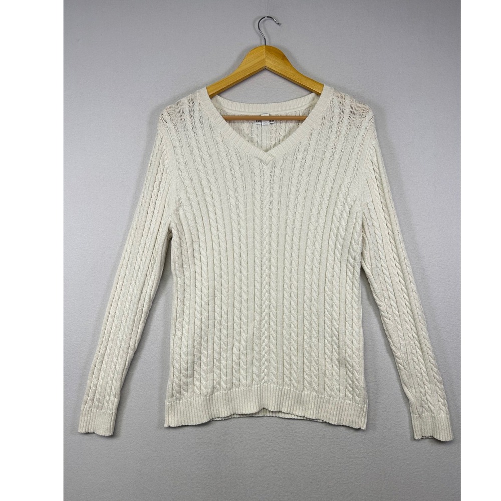 Preppy Croft & Barrow‎ Women Large Cream White Cable Knit V-Neck Cotton Sweater